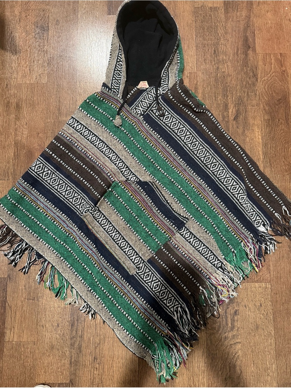 Striped Hooded Mexican Baja Poncho in Green and Brown Baja festival